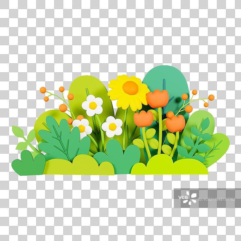 3D立体春天花丛元素春天元素绿色植物元素图片素材