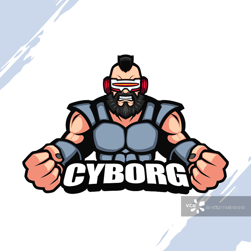 肌肉发达、愤怒的莫霍克发型男子，穿着灰色的赛博朋克服装图片素材