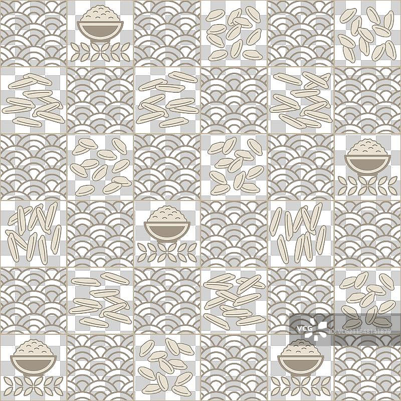 几何棋盘格图案与白米图标图片素材