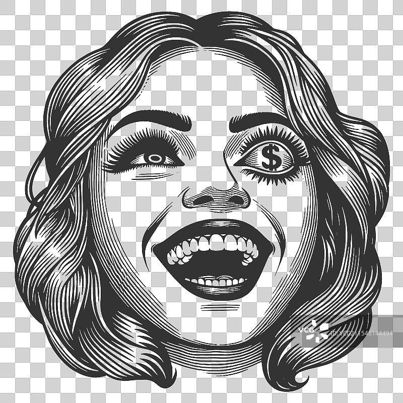 兴奋的女人，眼中闪烁着美元符号的雕刻图案图片素材