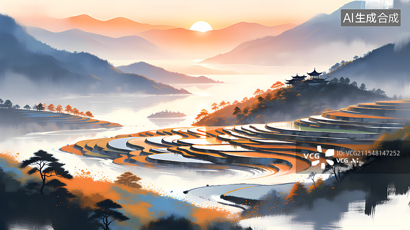 【AI数字艺术】秋天梯田插画图片素材