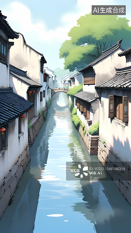 【AI数字艺术】春天江南水乡古镇插画图片素材