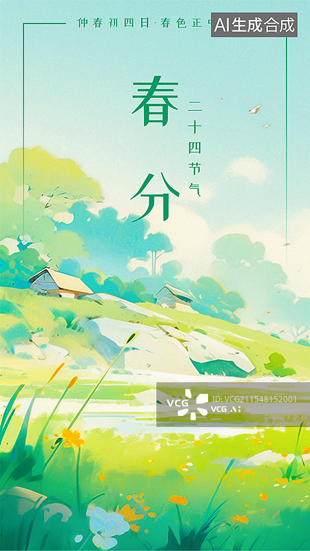 【AI数字艺术】春分 春季24节气设计模板海报，绿草地石头小野花野草 石头山坡斜土坡上小木屋 蓝天白云绿树林荫飞鸟图片素材