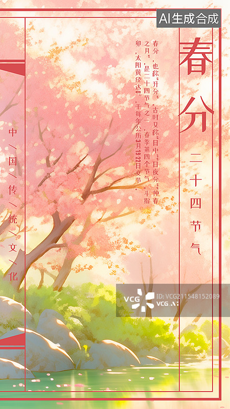 【AI数字艺术】春分 春季24节气设计模板海报，河岸边的树盛开粉红色的花朵 嫩绿色的草丛和小石头 水里的倒影图片素材