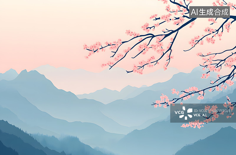 【AI数字艺术】樱花枝条和群山背景，春天立春分季节节气自然风景插画图片素材