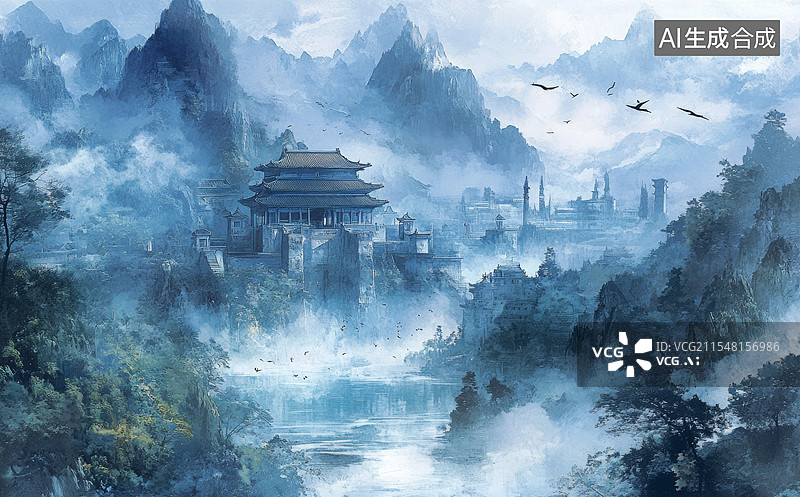 【AI数字艺术】一幅壮丽的山景，画面中有一座传统的中国建筑，坐落在陡峭的山崖上。周围环绕着云雾，给人一种神秘而宁静的图片素材
