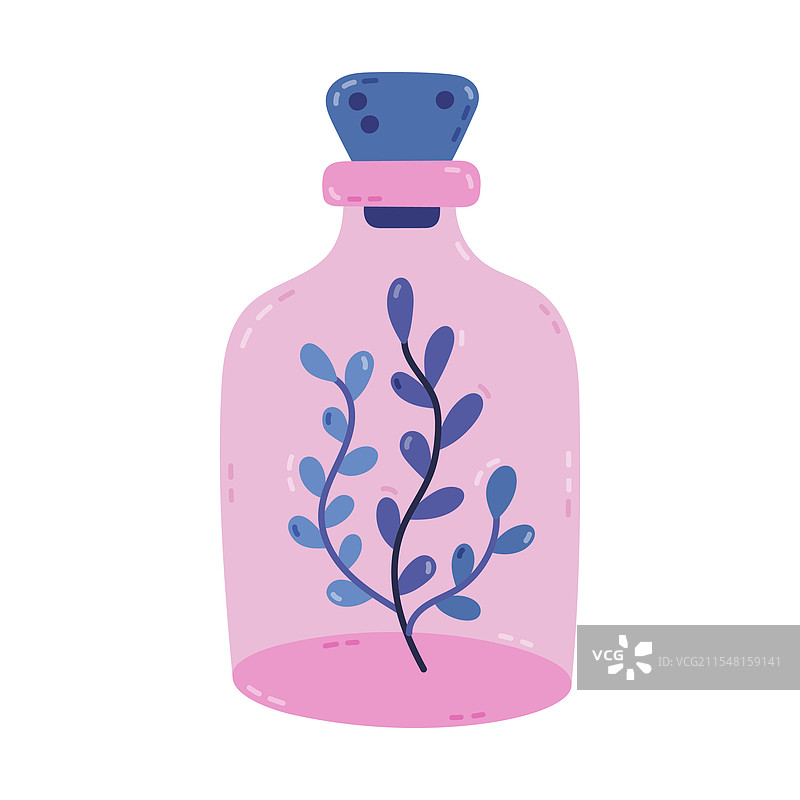 可爱的卡通玻璃瓶，带有软木塞和草药图片素材