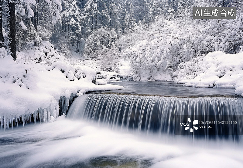【AI数字艺术】一个冬季的瀑布景观，瀑布部分结冰，周围覆盖着厚厚的积雪。图片素材
