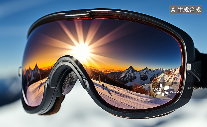 【AI数字艺术】雪地护目镜反射雪山的特写镜头图片素材
