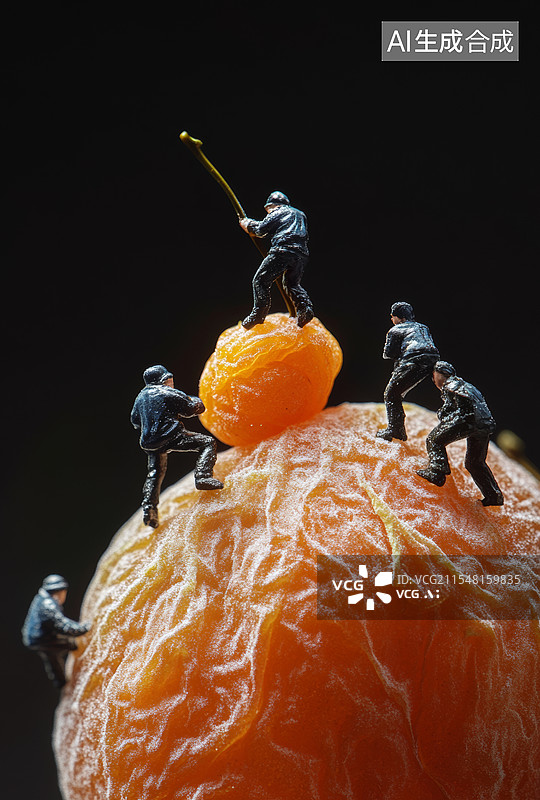 【AI数字艺术】一群微型人物模型，他们站在一片橙色的水果上，仿佛在进行一场探险或登山活动。图片素材