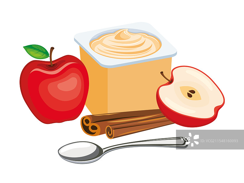 苹果肉桂酸奶装在塑料杯中，配有勺子图片素材