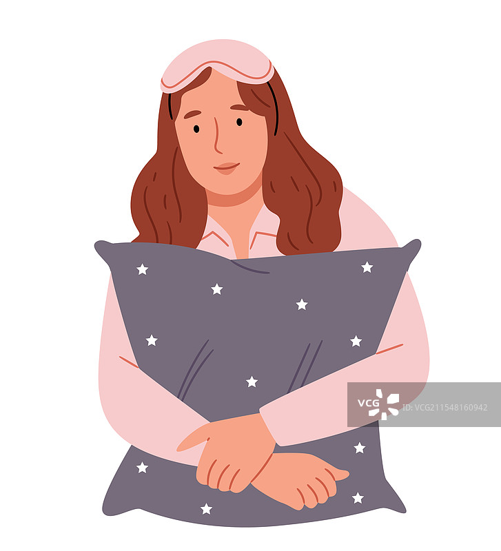 一个戴着睡眠面罩的女孩抱着一个枕头图片素材
