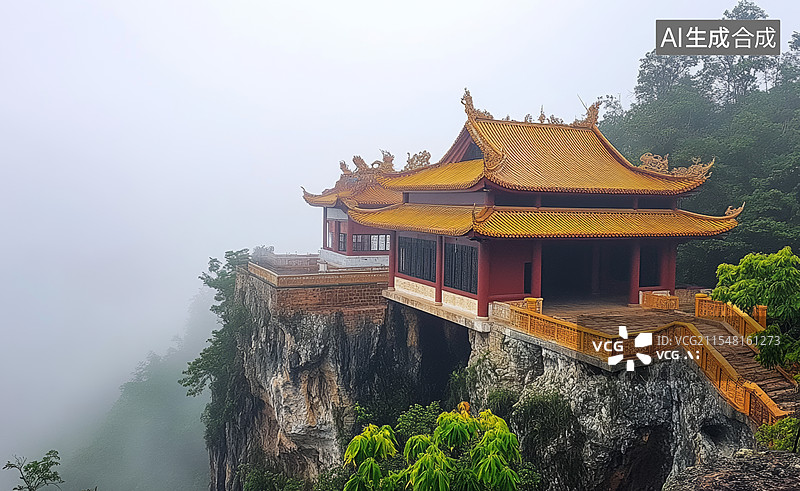 【AI数字艺术】悬崖峭壁上的中国古寺庙群图片素材