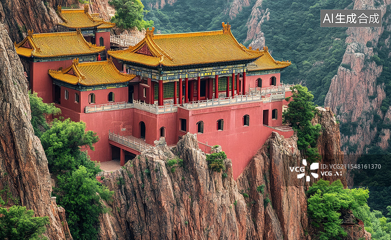 【AI数字艺术】悬崖峭壁上的中国古寺庙群图片素材