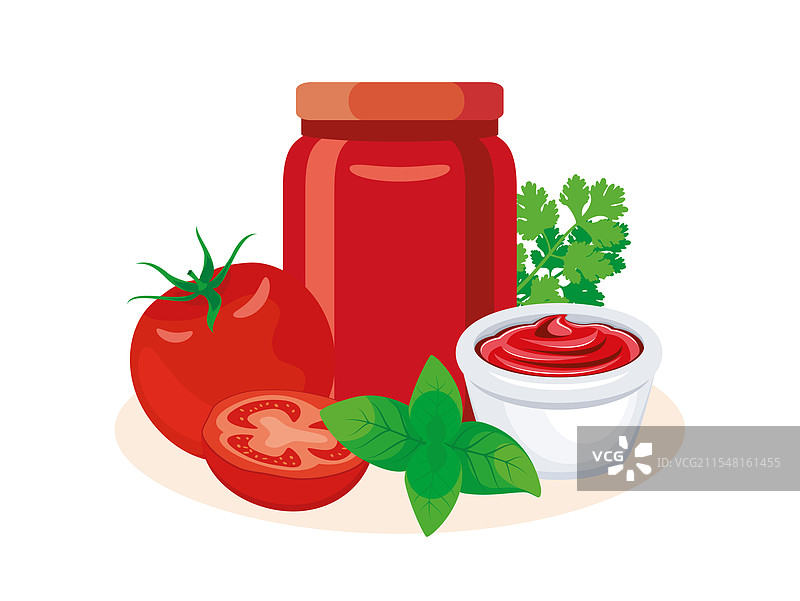 番茄酱罐、新鲜番茄和罗勒图标图片素材