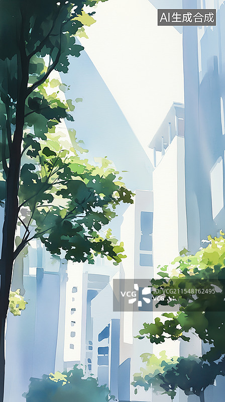 【AI数字艺术】春天晴朗天气现代城市高层建筑仰视手绘水彩插画图片素材