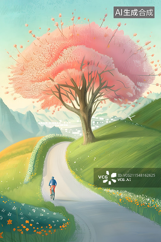 【AI数字艺术】春天的树林和花草，踏青骑行的人，儿童绘本卡通风景插画图片素材
