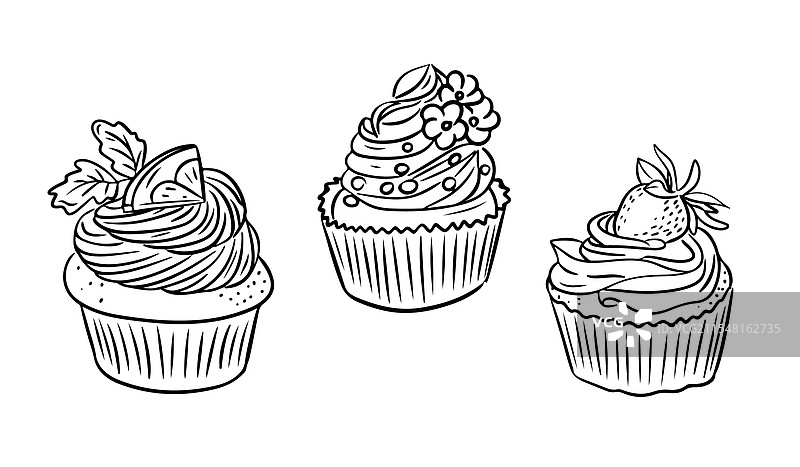 手绘黑白三只杯子蛋糕图片素材