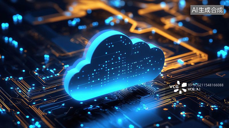 【AI数字艺术】未来派3D蓝色云图标悬浮于电路板之上云计算和远程工作技术的抽象可视化科技背景海报图片素材