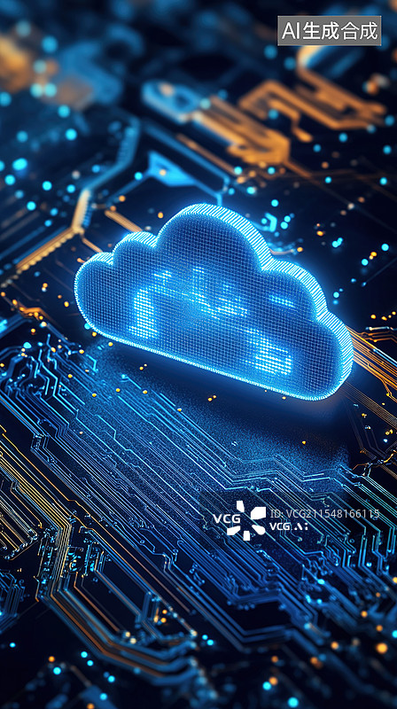 【AI数字艺术】未来派3D蓝色云图标悬浮于电路板之上云计算和远程工作技术的抽象可视化科技背景海报图片素材
