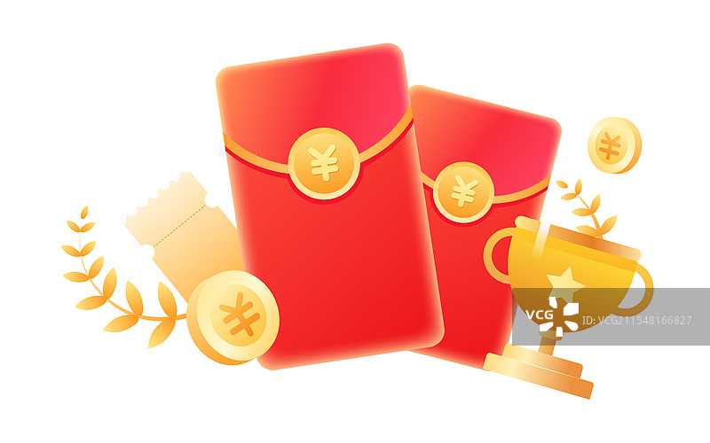 红包金币和奖杯插画图片素材