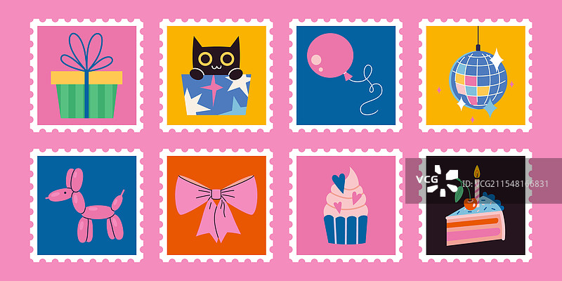 一套可爱的手绘邮票，色彩鲜艳图片素材