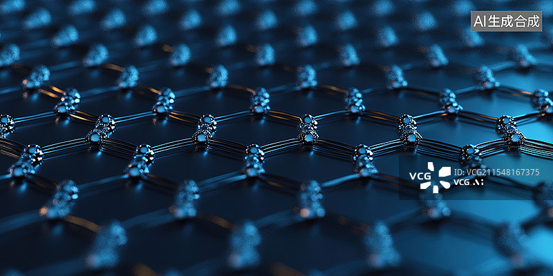 【AI数字艺术】创新碳纳米结构抽象高科技背景柔和蓝色渐变背景上类似碳纤维或蜘蛛网的六边形图案特写先进材料科学海报壁纸图片素材