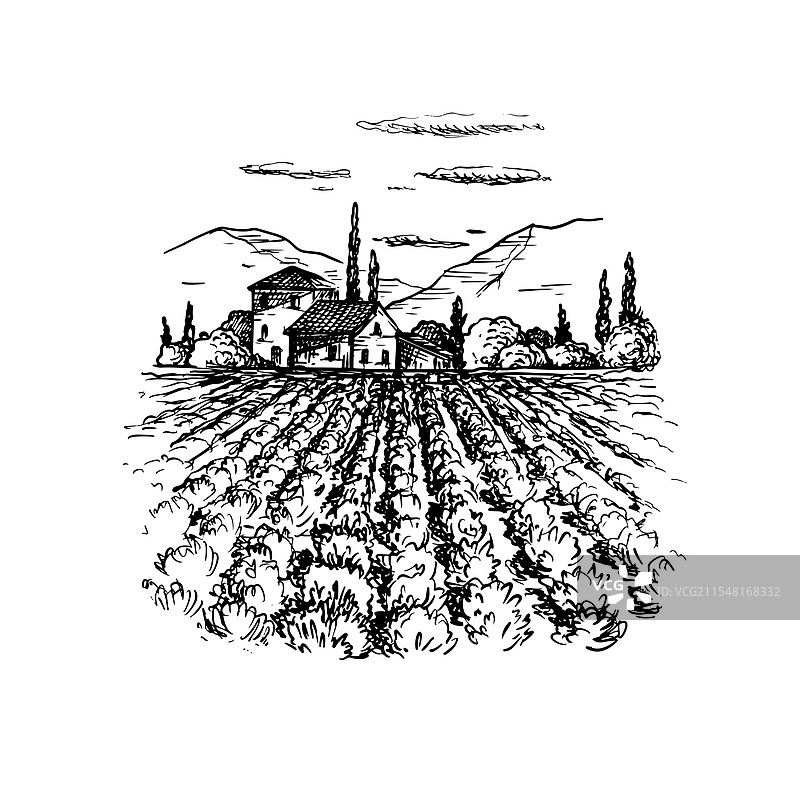 黑白线条艺术意大利风景与田野图片素材