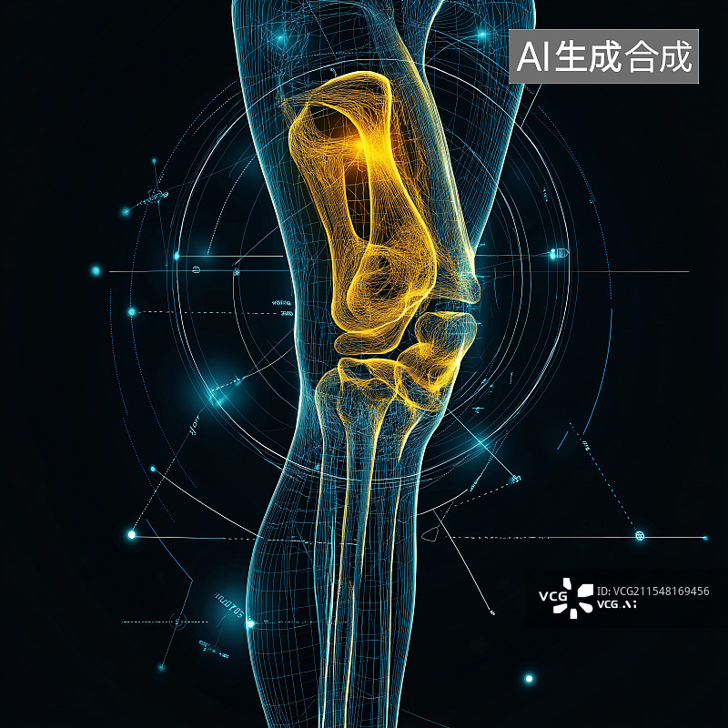 【AI数字艺术】透视呈现膝盖骨骼结构，清晰展示股骨、胫骨等，助医学科普、病理研究，直观又专业。图片素材