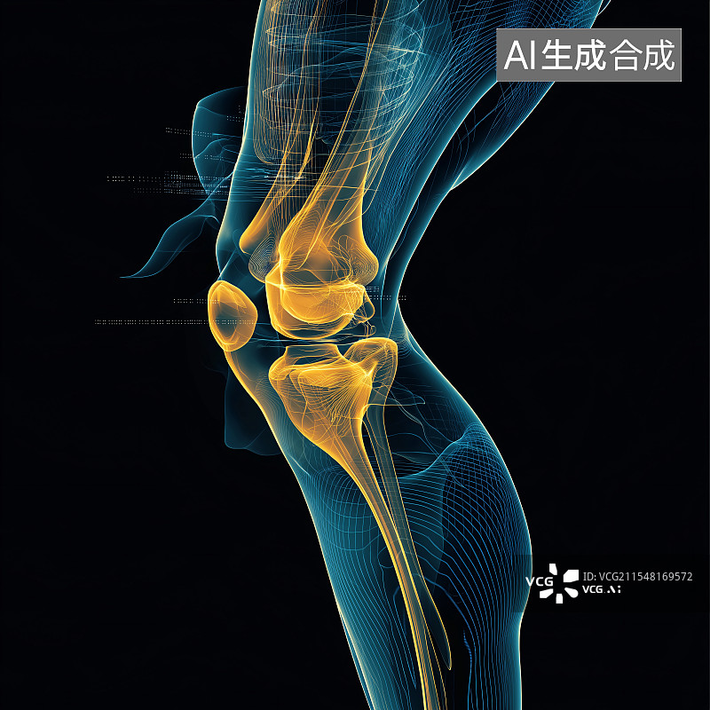 【AI数字艺术】透视呈现膝盖骨骼结构，清晰展示股骨、胫骨等，助医学科普、病理研究，直观又专业。图片素材