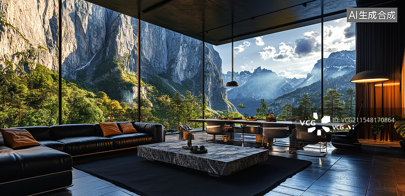【AI数字艺术】一个现代化的室内空间，透过大落地窗可以看到窗外壮丽的山景。房间内布置简洁，家具现代，整体氛围宁静而舒图片素材