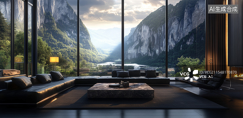 【AI数字艺术】一个现代化的室内空间，透过大落地窗可以看到窗外壮丽的山景。房间内布置简洁，家具现代，整体氛围宁静而舒图片素材