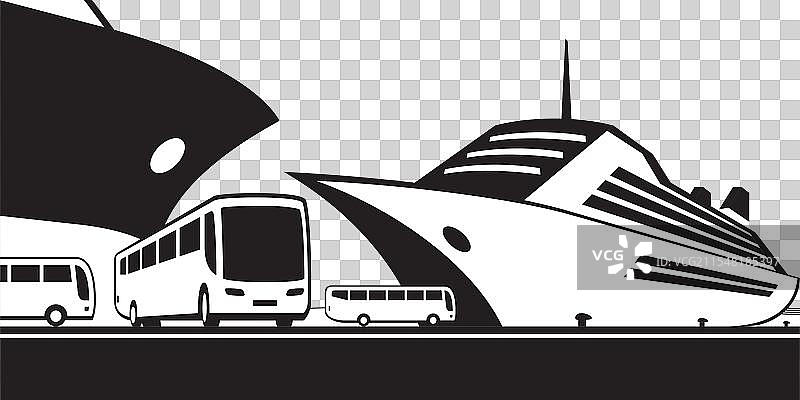 港口的游轮和巴士图片素材