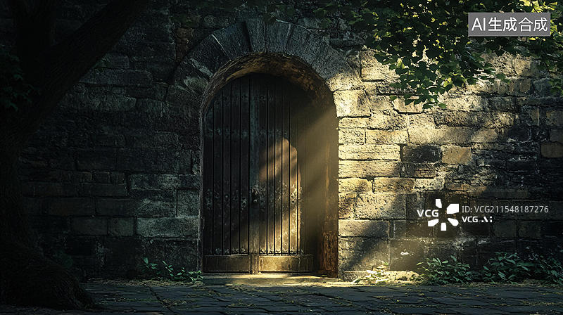 【AI数字艺术】阳光照在庭院门上图片素材
