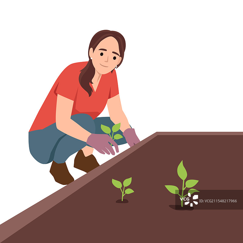 年轻女性在地面上种植植物图片素材