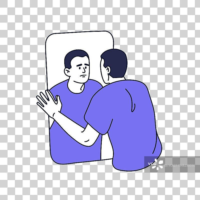 悲伤的男人凝视镜子，绝望而无助。图片素材