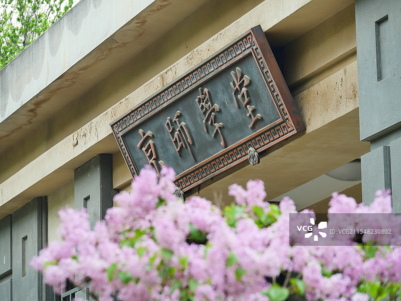 透过丁香花看北师大京师学堂牌匾图片素材