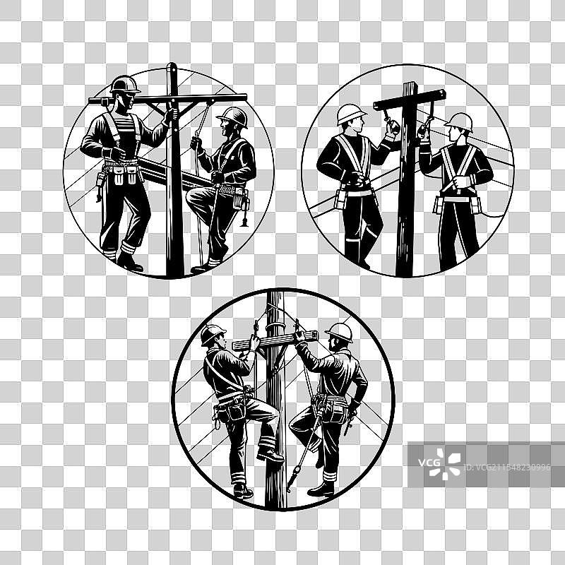 电力工人剪影在电杆上工作 SVG图片素材