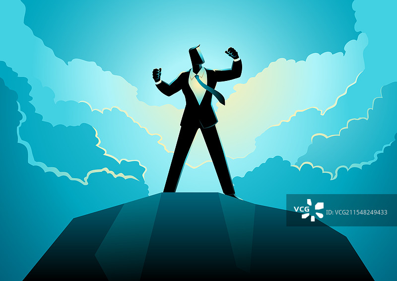 商人剪影充满活力的姿势在岩石上图片素材