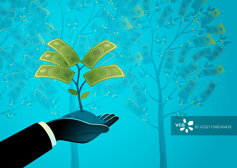 商人剪影手握金钱树投资图片素材