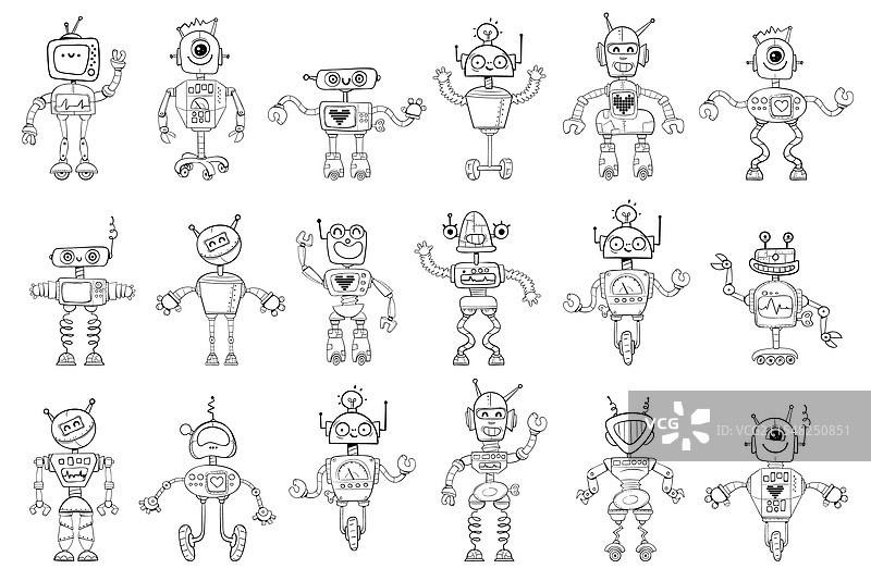 黑白卡通风格的两个相同机器人图片素材
