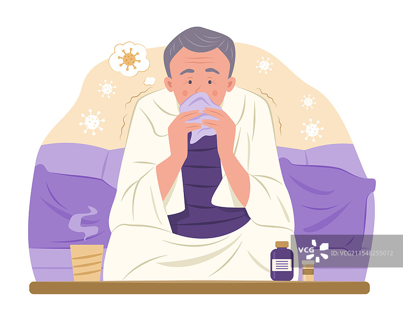 生病的老人在用手帕擤鼻涕图片素材