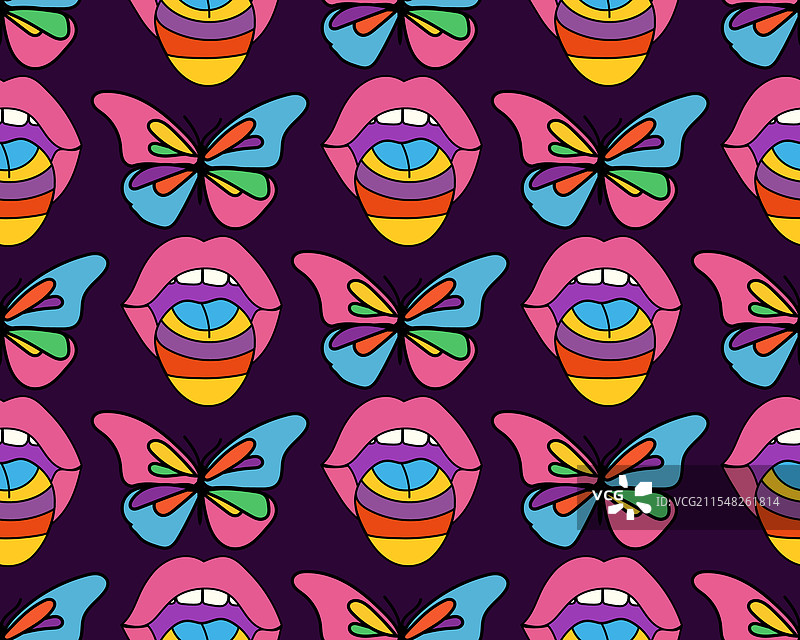 五彩斑斓的蝴蝶与鲜艳紫色的嘴唇图片素材