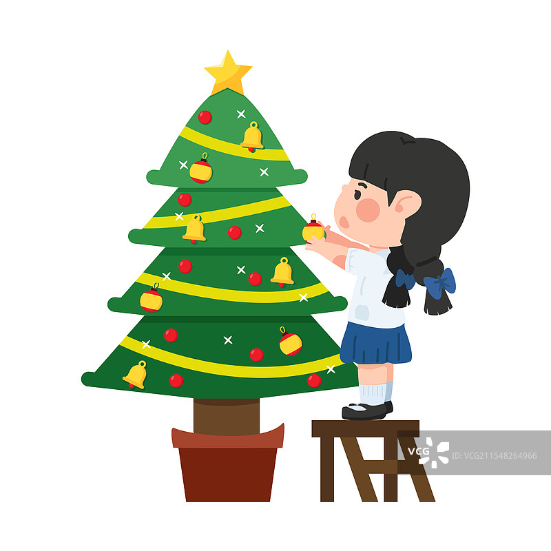 女孩在装饰圣诞树图片素材