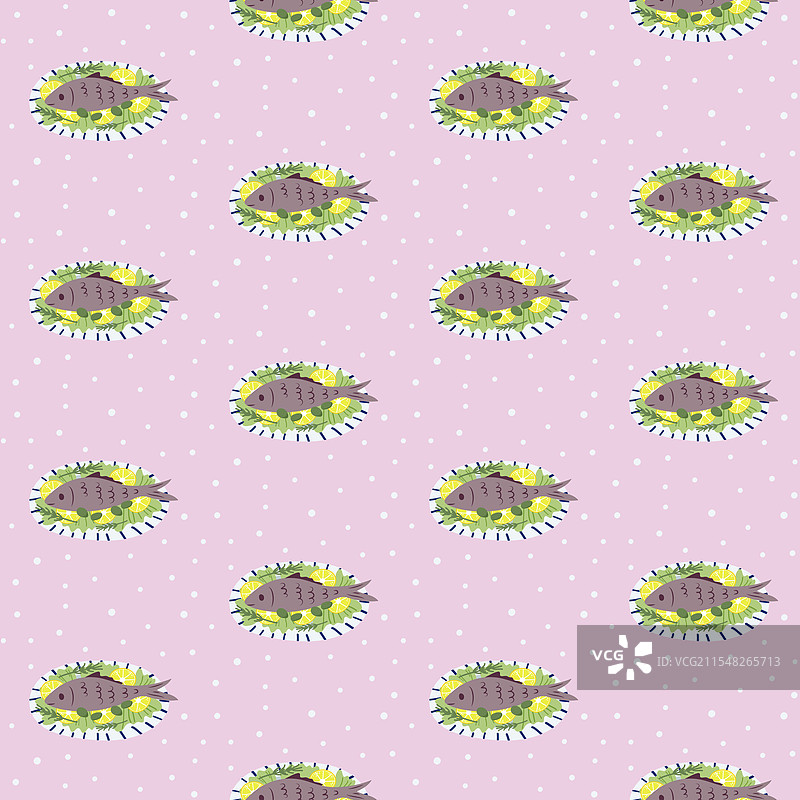 鱼、生菜和柠檬的无缝图案图片素材