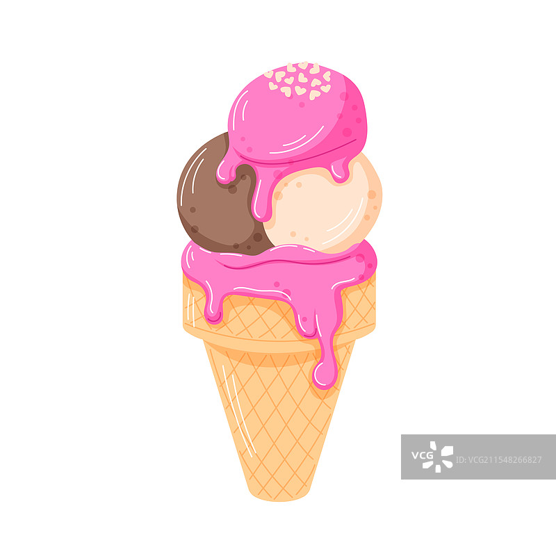 三球冰淇淋的冰淇淋筒，粉色融化滴落图片素材