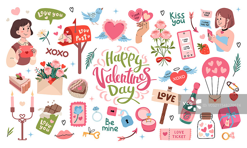 情人节快乐浪漫元素组合女孩图片素材