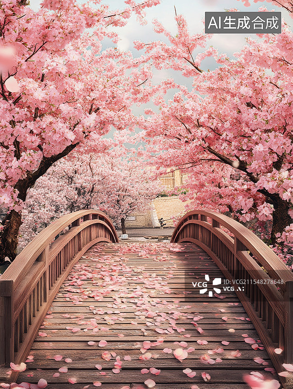 【AI数字艺术】樱花桥上的落樱缤纷图片素材