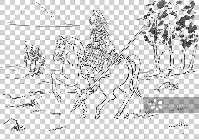 一个骑马的古代将军手绘历史人物线稿插画元素图片素材