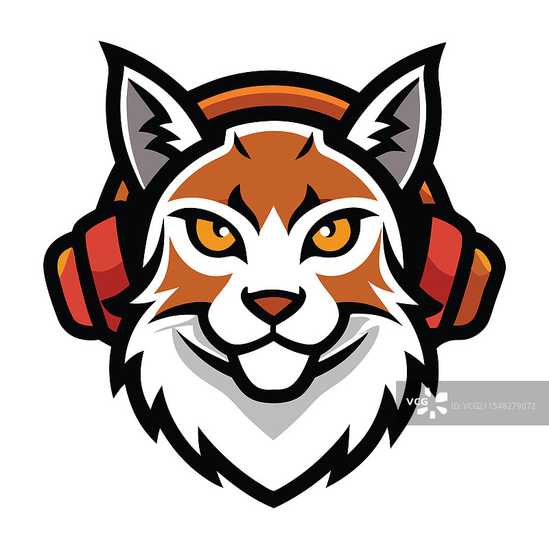 戴着耳机的野生猞猁吉祥物头部图片素材